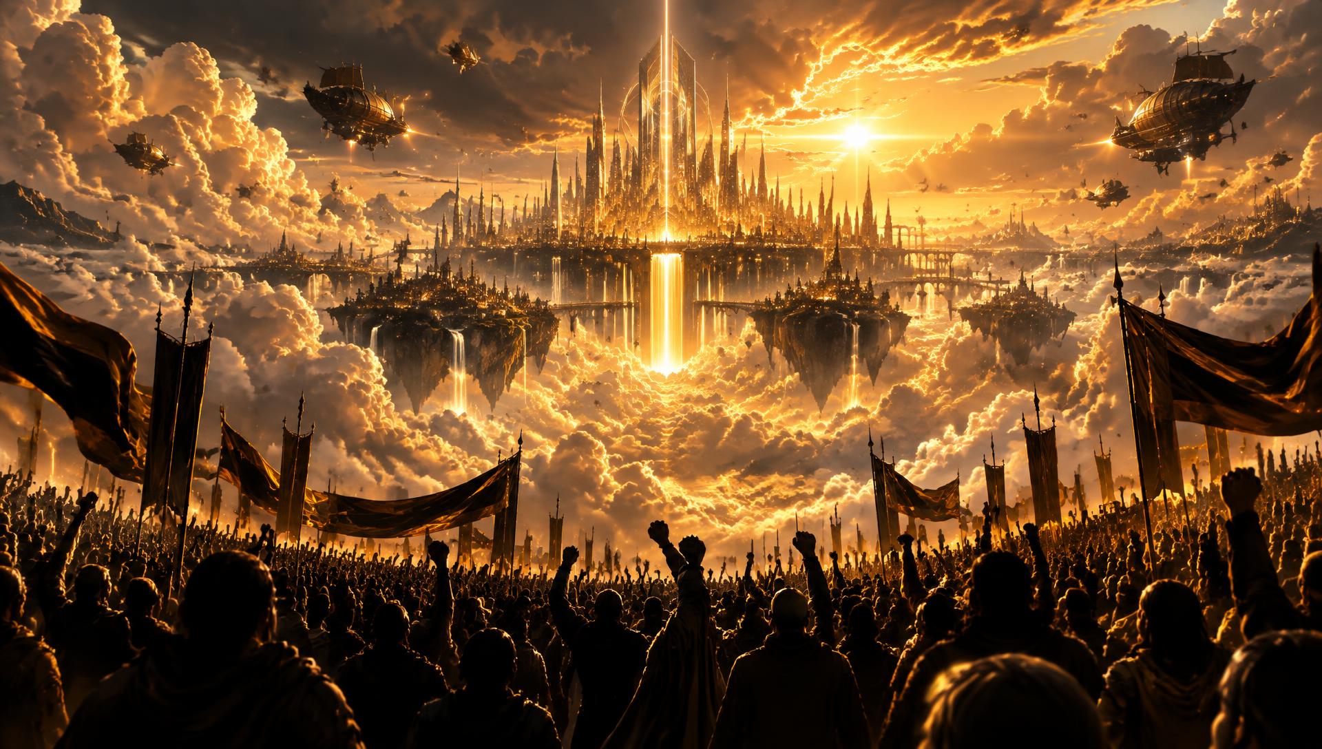 A crowd gathered before a golden floating city